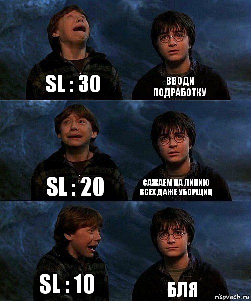 SL : 30 Вводи подработку SL : 20 Сажаем на линию всех даже уборщиц SL : 10 БЛЯ, Комикс гарри и рон в пещере пауков