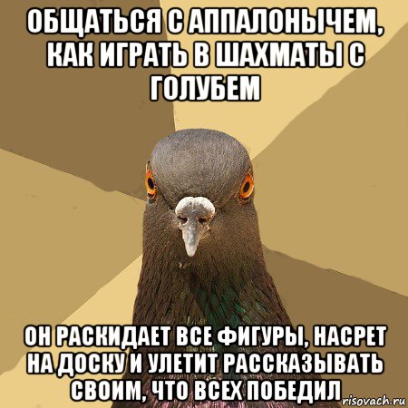 общаться с аппалонычем, как играть в шахматы с голубем он раскидает все фигуры, насрет на доску и улетит рассказывать своим, что всех победил, Мем голубь