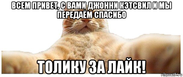 всем привет, с вами джонни кэтсвил и мы передаём спасибо толику за лайк!, Мем   Кэтсвилл