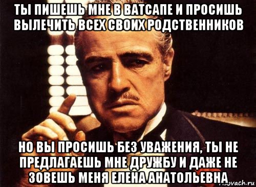 ты пишешь мне в ватсапе и просишь вылечить всех своих родственников но вы просишь без уважения, ты не предлагаешь мне дружбу и даже не зовешь меня елена анатольевна, Мем крестный отец