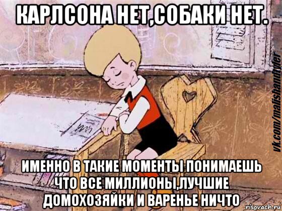 карлсона нет,собаки нет. именно в такие моменты понимаешь что все миллионы,лучшие домохозяйки и варенье ничто