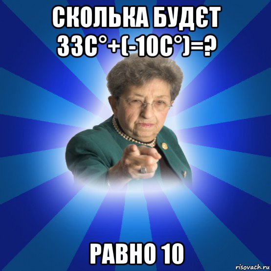 сколька будєт 33с°+(-10с°)=? равно 10, Мем Наталья Ивановна