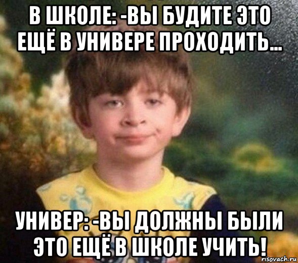 в школе: -вы будите это ещё в универе проходить... универ: -вы должны были это ещё в школе учить!, Мем Недовольный пацан