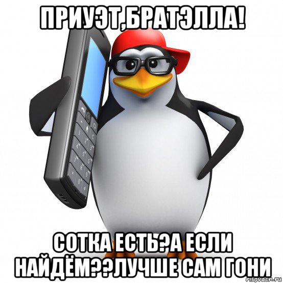 приуэт,братэлла! сотка есть?а если найдём??лучше сам гони, Мем   Пингвин звонит