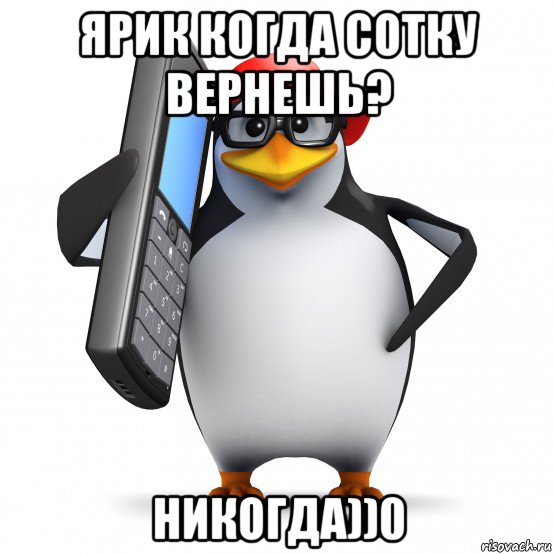 ярик когда сотку вернешь? никогда))0, Мем   Пингвин звонит