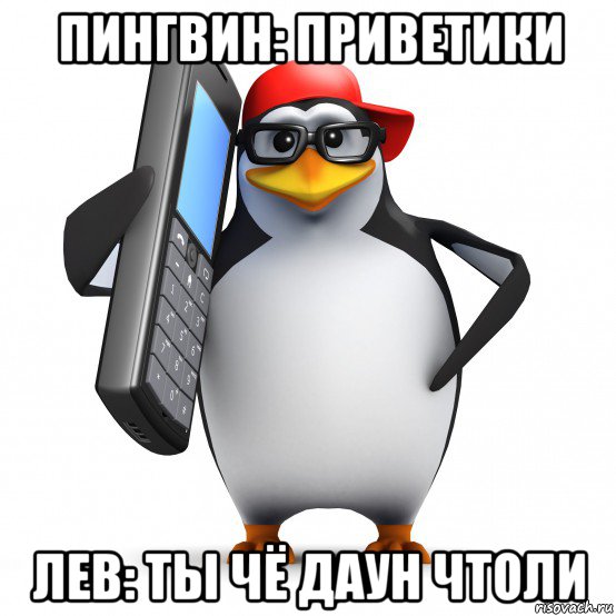 пингвин: приветики лев: ты чё даун чтоли, Мем   Пингвин звонит