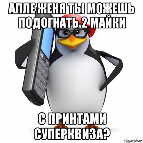 алле женя ты можешь подогнать 2 майки с принтами суперквиза?, Мем   Пингвин звонит