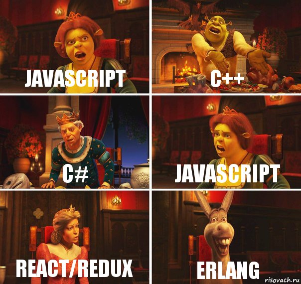 JavaScript C++ C# Javascript REact/redux erlang, Комикс  Шрек Фиона Гарольд Осел