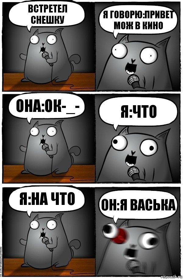 встретел Снешку я говорю:привет мож в кино она:ок-_- я:что я:на что он:я Васька, Комикс  Стендап-кот