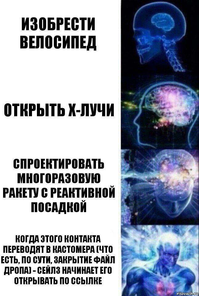 Изобрести велосипед Открыть x-лучи Спроектировать многоразовую ракету с реактивной посадкой когда этого контакта переводят в кастомера (что есть, по сути, закрытие файл дропа) - сейлз начинает его открывать по ссылке, Комикс  Сверхразум