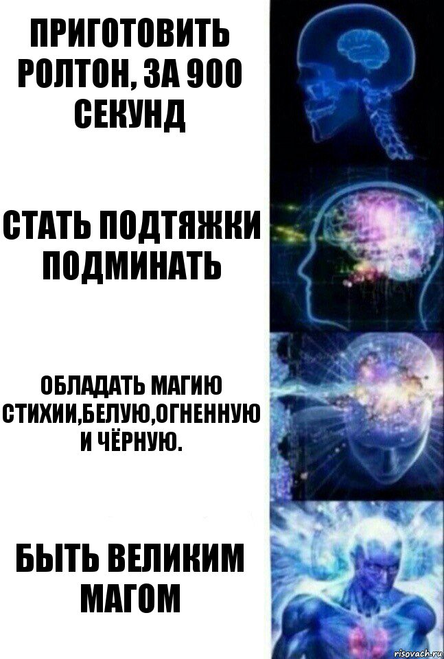 Приготовить ролтон, за 900 секунд Стать подтяжки подминать Обладать магию стихии,белую,огненную и чёрную. Быть великим магом, Комикс  Сверхразум