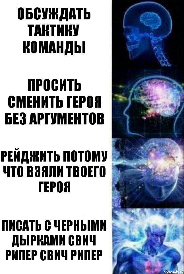 Обсуждать тактику команды Просить сменить героя без аргументов Рейджить потому что взяли твоего героя писать с черными дырками СВИЧ РИПЕР СВИЧ РИПЕР, Комикс  Сверхразум