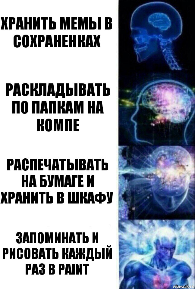 хранить мемы в сохраненках раскладывать по папкам на компе распечатывать на бумаге и хранить в шкафу запоминать и рисовать каждый раз в paint, Комикс  Сверхразум