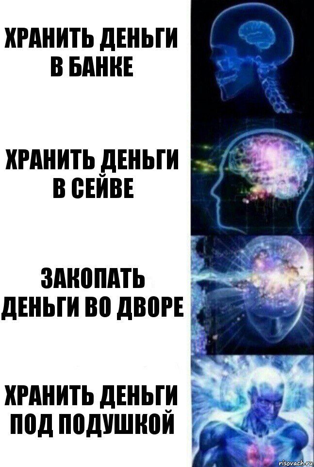 Хранить деньги в банке хранить деньги в сейве закопать деньги во дворе хранить деньги под подушкой, Комикс  Сверхразум