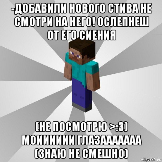 -добавили нового стива не смотри на него! ослепнеш от его сиения (не посмотрю >:3) моииииии глазааааааа (знаю не смешно), Мем Типичный игрок Minecraft