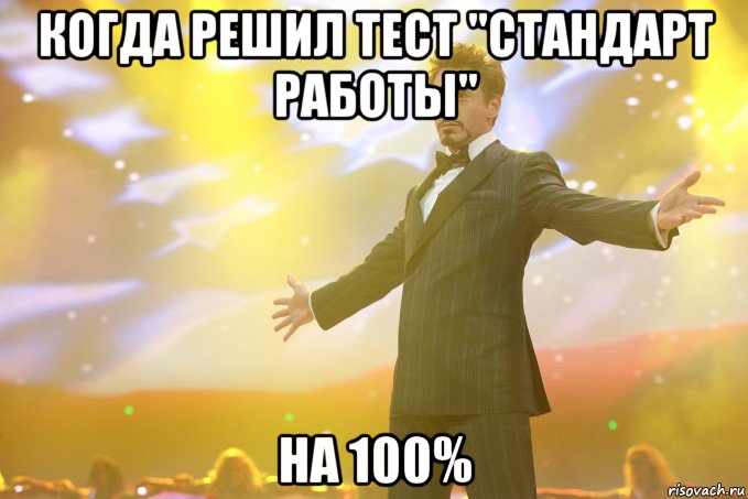 когда решил тест "стандарт работы" на 100%, Мем Тони Старк (Роберт Дауни младший)