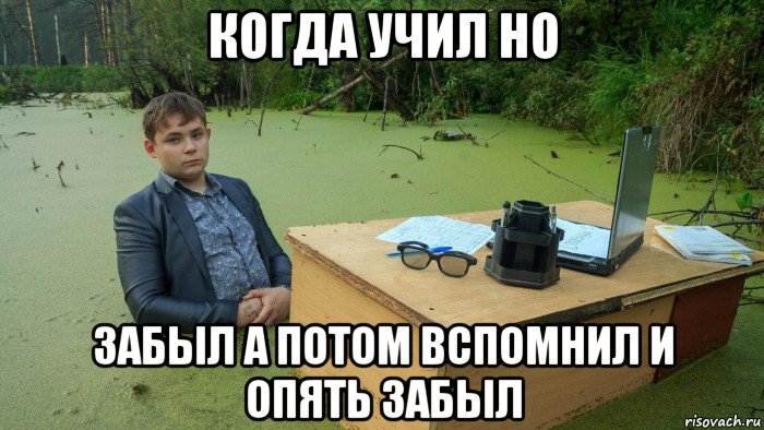 когда учил но забыл а потом вспомнил и опять забыл, Мем  Парень сидит в болоте