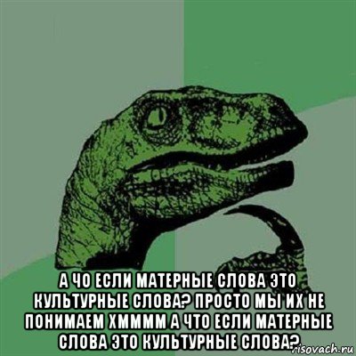  а чо если матерные слова это культурные слова? просто мы их не понимаем хмммм а что если матерные слова это культурные слова?, Мем Филосораптор