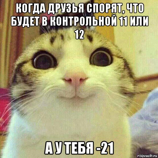 когда друзья спорят, что будет в контрольной 11 или 12 а у тебя -21, Мем       Котяка-улыбака