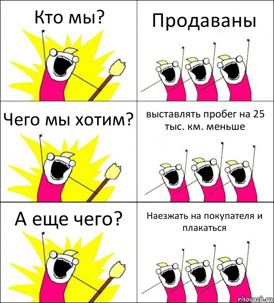 Кто мы? Продаваны Чего мы хотим? выставлять пробег на 25 тыс. км. меньше А еще чего? Наезжать на покупателя и плакаться, Комикс кто мы