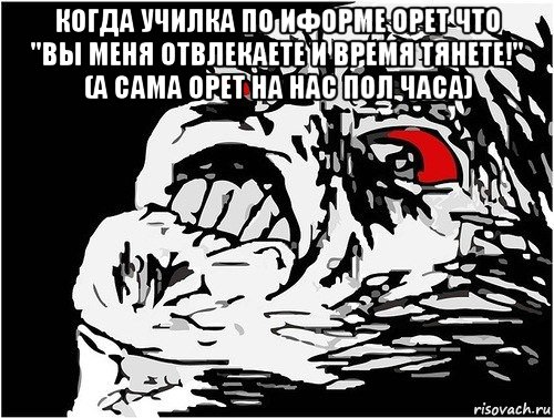 когда училка по иформе орет что "вы меня отвлекаете и время тянете!" (а сама орет на нас пол часа) , Мем в ужасе