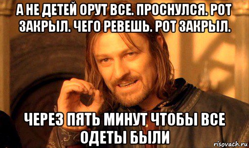 а не детей орут все. проснулся. рот закрыл. чего ревешь. рот закрыл. через пять минут чтобы все одеты были, Мем Нельзя просто так взять и (Боромир мем)