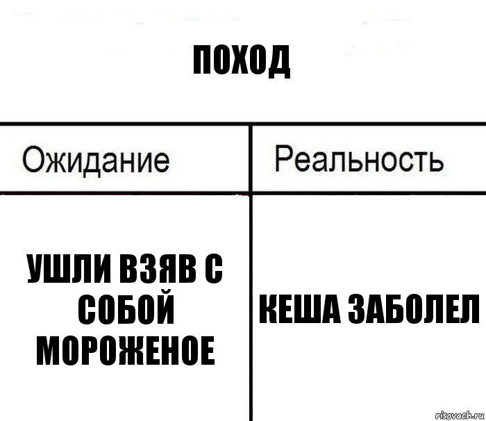 Поход Ушли взяв с собой мороженое Кеша заболел, Комикс  Ожидание - реальность