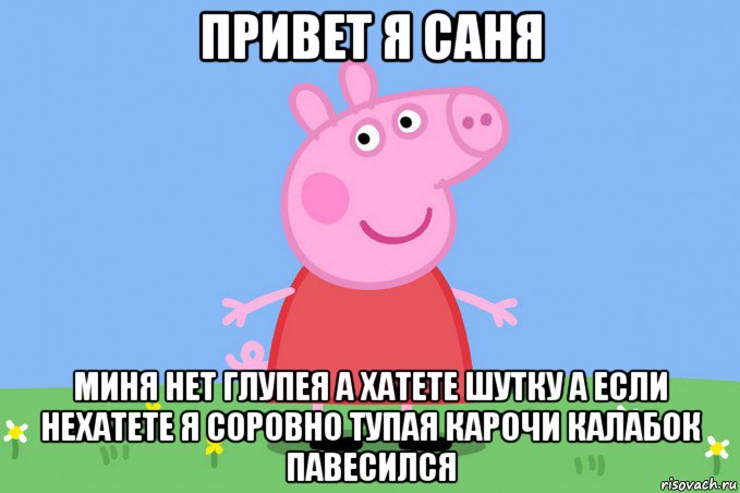 привет я саня миня нет глупея а хатете шутку а если нехатете я соровно тупая карочи калабок павесился, Мем Пеппа