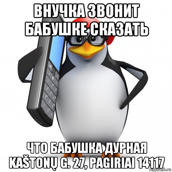 внучка звонит бабушке сказать что бабушка дурная kaštonų g. 27, pagiriai 14117, Мем   Пингвин звонит