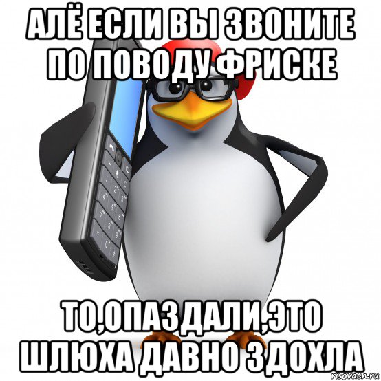 алё если вы звоните по поводу фриске то,опаздали,это шлюха давно здохла, Мем   Пингвин звонит