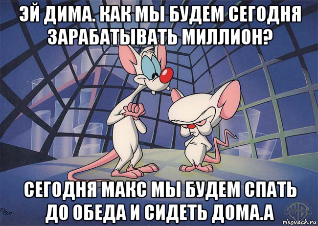 эй дима. как мы будем сегодня зарабатывать миллион? сегодня макс мы будем спать до обеда и сидеть дома.а