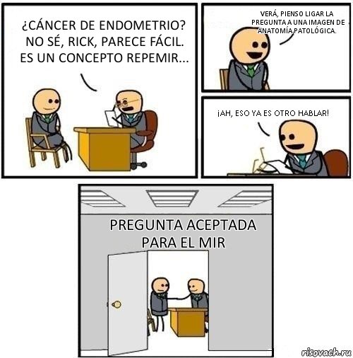 ¿Cáncer de endometrio? No sé, Rick, parece fácil. Es un concepto RepeMIR... Verá, pienso ligar la pregunta a una imagen de Anatomía Patológica. ¡Ah, eso ya es otro hablar! Pregunta Aceptada para el MIR