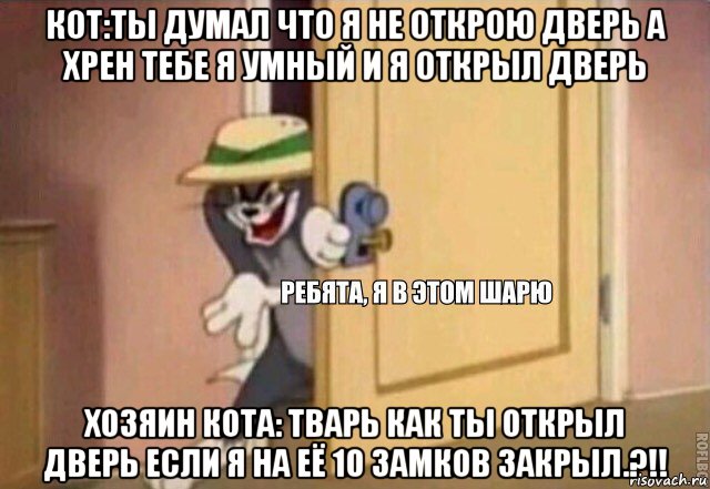 кот:ты думал что я не открою дверь а хрен тебе я умный и я открыл дверь хозяин кота: тварь как ты открыл дверь если я на её 10 замков закрыл.?!!, Мем    Ребята я в этом шарю