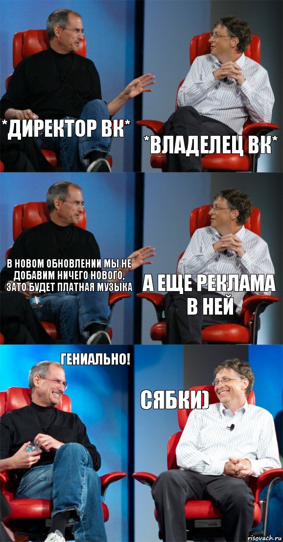*Директор ВК* *Владелец ВК* В новом обновлении мы не добавим ничего нового, зато будет платная музыка А еще реклама в ней Гениально! Сябки), Комикс Стив Джобс и Билл Гейтс (6 зон)