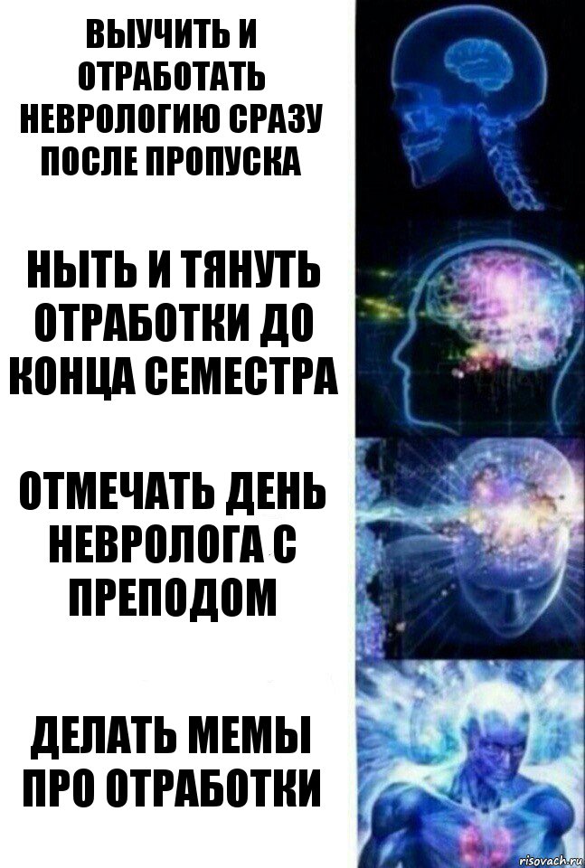 выучить и отработать неврологию сразу после пропуска ныть и тянуть отработки до конца семестра отмечать день невролога с преподом делать мемы про отработки, Комикс  Сверхразум