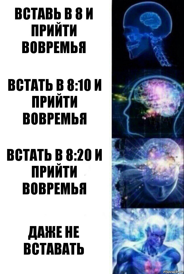 Вставь в 8 и прийти вовремья встать в 8:10 и прийти вовремья Встать в 8:20 и прийти вовремья Даже не вставать, Комикс  Сверхразум