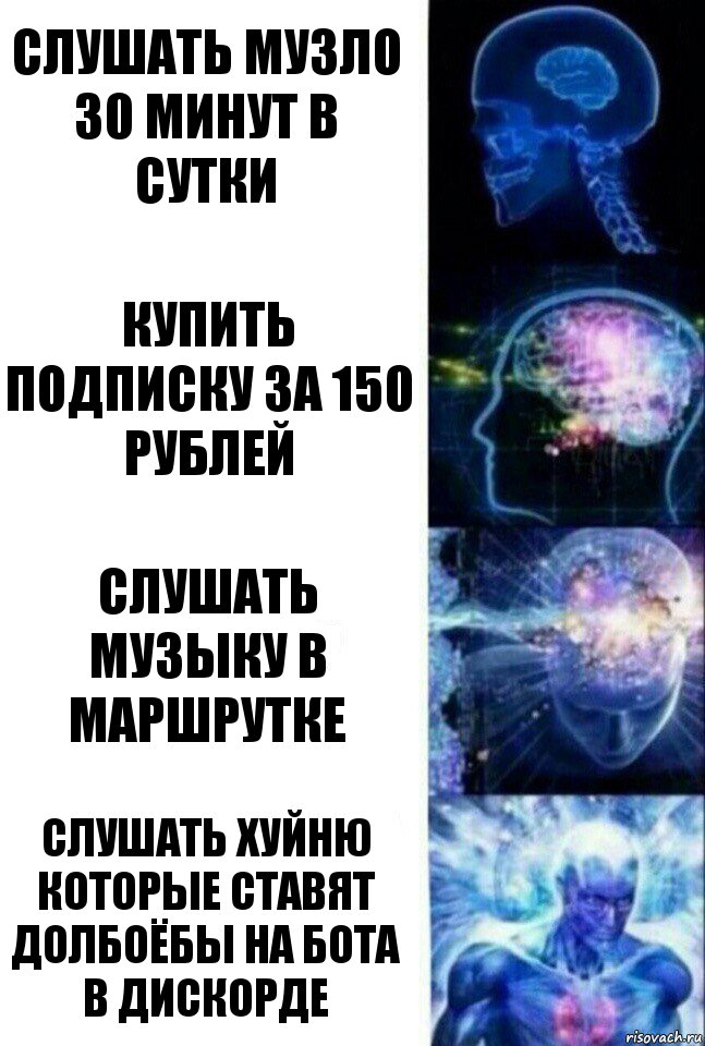 Слушать музло 30 минут в сутки Купить подписку за 150 рублей Слушать музыку в маршрутке Слушать хуйню которые ставят долбоёбы на бота в дискорде, Комикс  Сверхразум