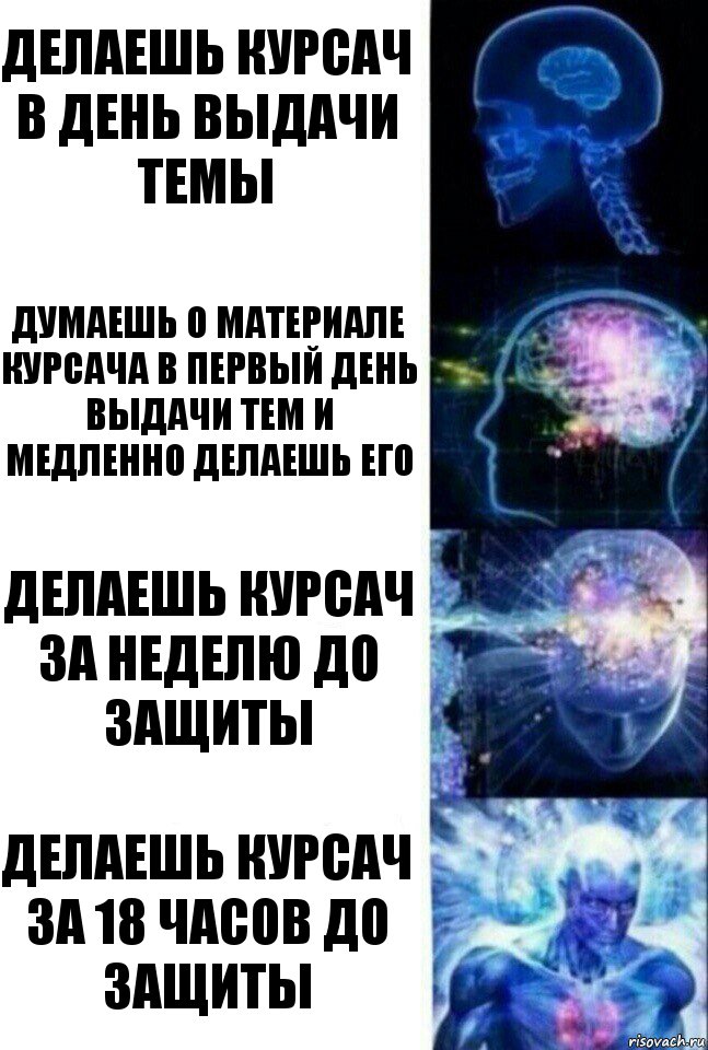 делаешь курсач в день выдачи темы думаешь о материале курсача в первый день выдачи тем и медленно делаешь его делаешь курсач за неделю до защиты делаешь курсач за 18 часов до защиты, Комикс  Сверхразум