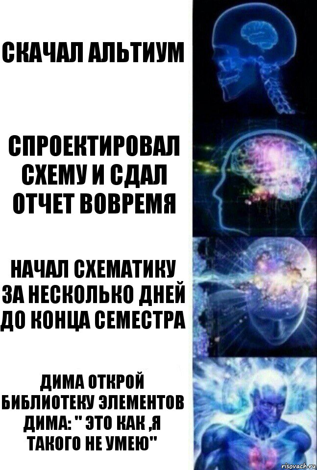 скачал альтиум спроектировал схему и сдал отчет вовремя начал схематику за несколько дней до конца семестра Дима открой библиотеку элементов
Дима: " это как ,я такого не умею", Комикс  Сверхразум