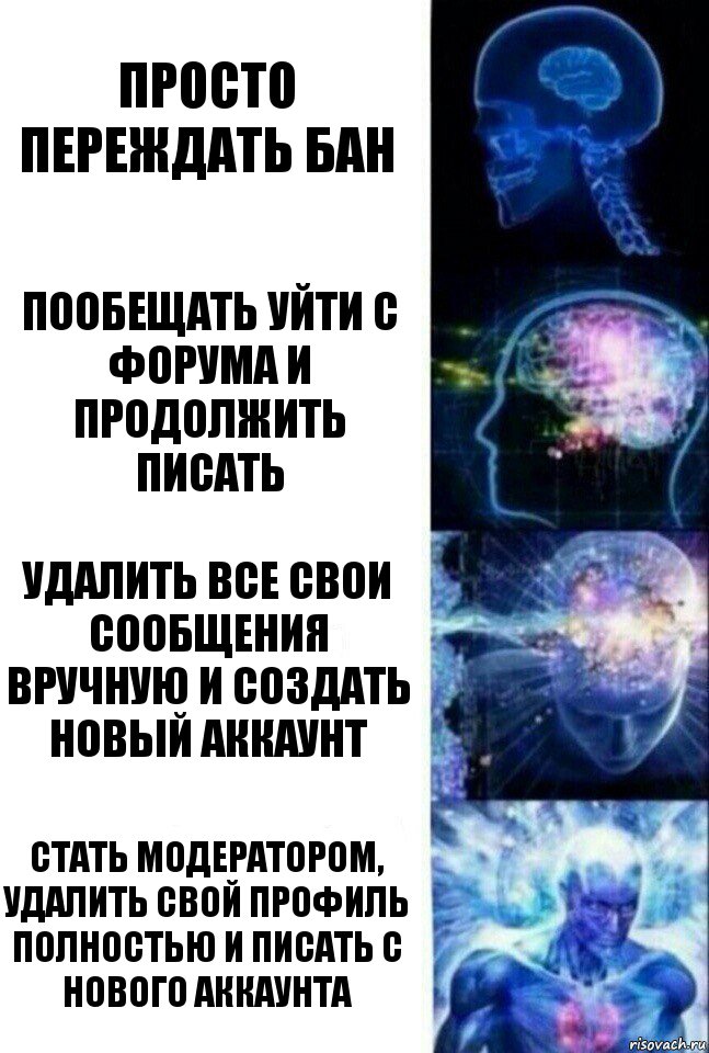 Просто переждать бан Пообещать уйти с форума и продолжить писать Удалить все свои сообщения вручную и создать новый аккаунт Стать модератором, удалить свой профиль полностью и писать с нового аккаунта, Комикс  Сверхразум