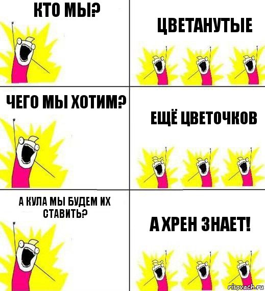 Кто мы? Цветанутые Чего мы хотим? Ещё цветочков А кула мы будем их ставить? А хрен знает!, Комикс Кто мы и чего мы хотим