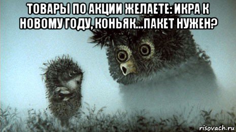 товары по акции желаете: икра к новому году, коньяк...пакет нужен? 