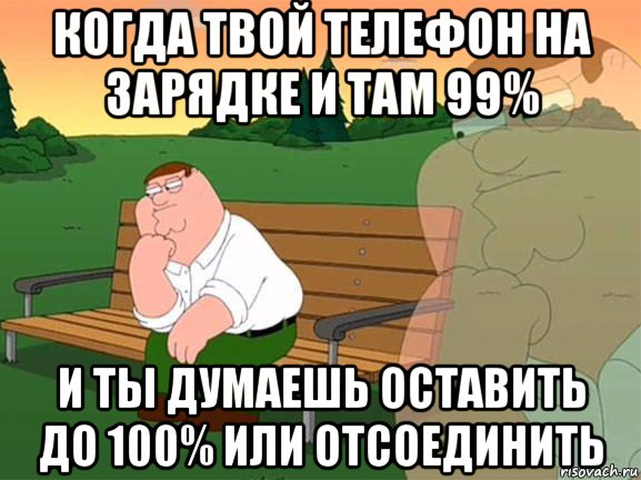 когда твой телефон на зарядке и там 99% и ты думаешь оставить до 100% или отсоединить, Мем Задумчивый Гриффин