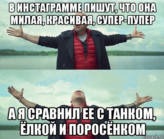 в инстаграмме пишут, что она милая, красивая, супер-пупер а я сравнил ее с танком, ёлкой и поросёнком, Мем Безлимитище