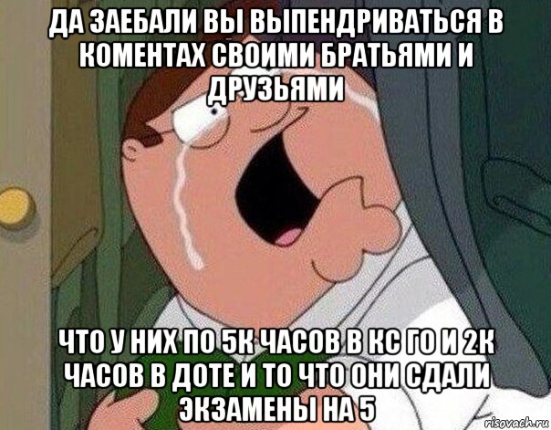 да заебали вы выпендриваться в коментах своими братьями и друзьями что у них по 5к часов в кс го и 2к часов в доте и то что они сдали экзамены на 5, Мем Гриффин плачет