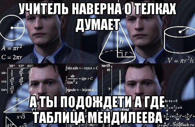 учитель наверна о телках думает а ты подождети а где таблица мендилеева, Мем  Коннор задумался