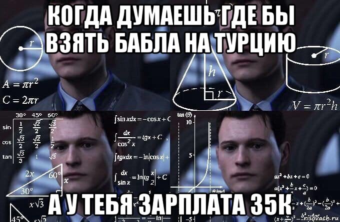 когда думаешь где бы взять бабла на турцию а у тебя зарплата 35к, Мем  Коннор задумался