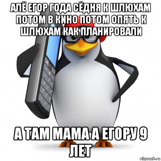 алё егор года сёдня к шлюхам потом в кино потом опять к шлюхам как планировали а там мама а егору 9 лет, Мем   Пингвин звонит