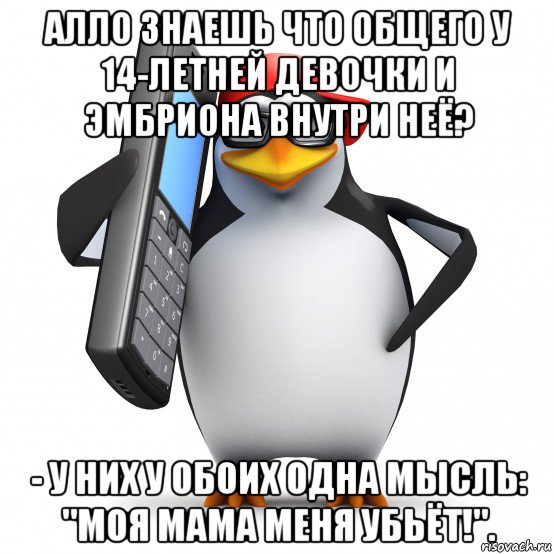 алло знаешь что общего у 14-летней девочки и эмбриона внутри неё? - у них у обоих одна мысль: "моя мама меня убьёт!"., Мем   Пингвин звонит