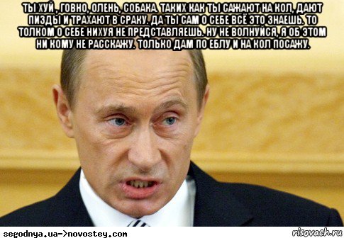 ты хуй , говно, олень, собака. таких как ты сажают на кол, дают пизды и трахают в сраку. да ты сам о себе всё это знаешь. то толком о себе нихуя не представляешь. ну не волнуйся, я об этом ни кому не расскажу. только дам по еблу и на кол посажу. , Мем  Путин